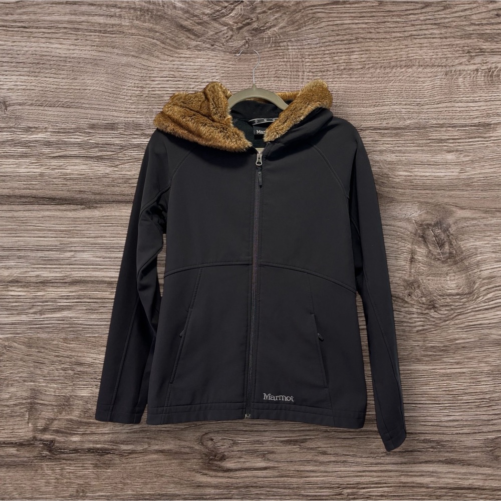 Marmot Women's Furlong Hoodie Softshell‎ Jacket Black Faux Fur Size Medium